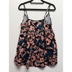 Free People‎ Floral Print Smocked Babydoll Tank Top Pink Teal Black Size S